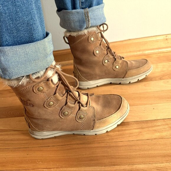 Sorel Explorer Joan Warm Waterproof Suede Winter Boots Size 8.5 Color Camel - Picture 2 of 10